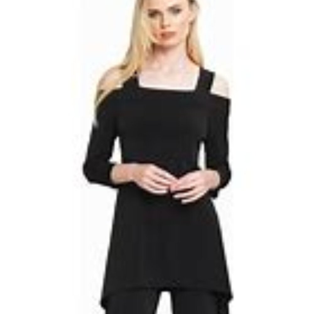 Clara Sun Woo Open Cold Shoulder Shark Bite Hem Knit Long Sleeve Tunic Sz SMALL